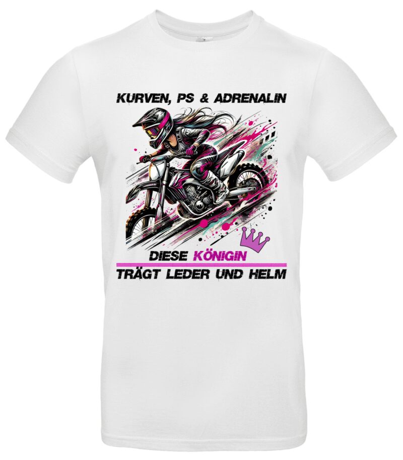 Motorradfahrerin T-Shirt Spruch „Kurven PS & Adrenalin“ Für Bikerin & Moto Girl Geschenk für Frauen mit Stil Diese Königin trägt Leder & Helm – Bild 2