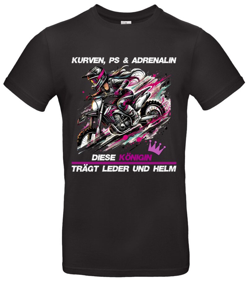 Motorradfahrerin T-Shirt Spruch „Kurven PS & Adrenalin“ Für Bikerin & Moto Girl Geschenk für Frauen mit Stil Diese Königin trägt Leder & Helm