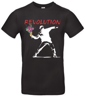 Banksy Blumenwerfer T-Shirt Herren Damen – Streetart Kunst Motiv Revolution – 100 % Baumwolle, Regular Fit, Schwarz Weiß, Künstler Geschenk, Urban Art Shirt