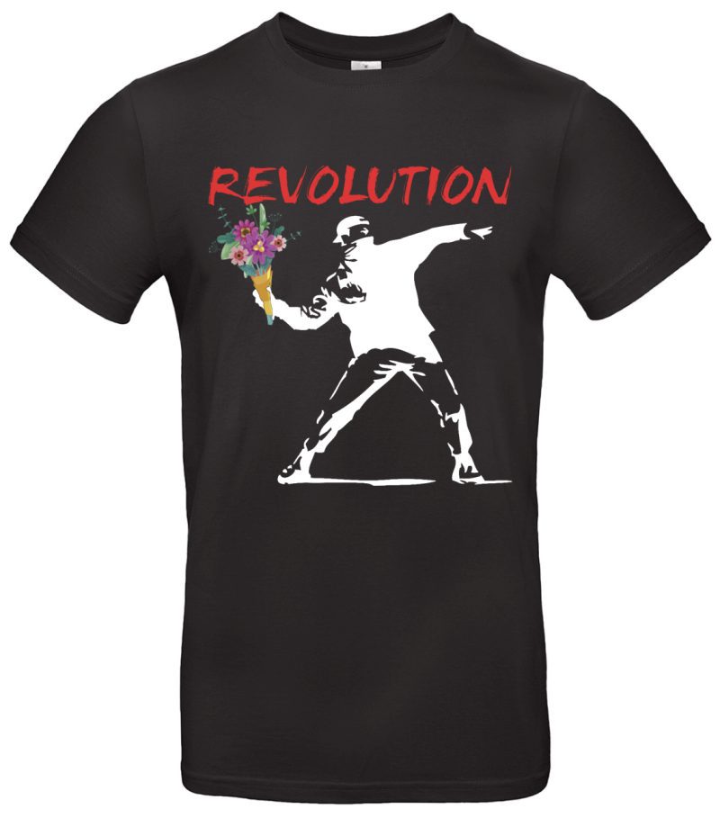 Banksy Blumenwerfer T-Shirt Herren Damen – Streetart Kunst Motiv Revolution – 100 % Baumwolle, Regular Fit, Schwarz Weiß, Künstler Geschenk, Urban Art Shirt