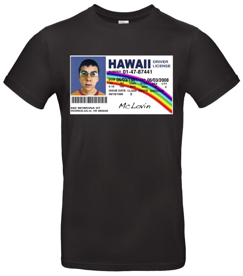 McLovin T-Shirt Hawaii Führerschein Design Kultshirt 100 % Baumwolle Regular Fit Geschenk für Filmfans S–XXL Weiß oder Schwarz